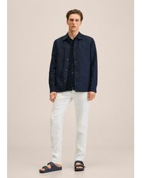 Mango 100% Linen Overshirt With Pockets Dark - Blue