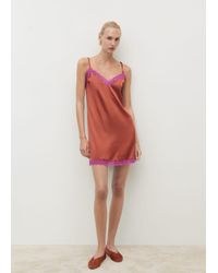 Mango - Camicia Da Notte Seta Pizzo Contrasto Marrone - Lyst
