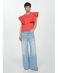 Mango - 100% Cotton T-shirt With Ruffles Coral - Lyst