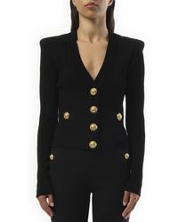 Balmain - V-Neck 2 Pockets Buttoned Knit Cardigan, Long Sleeves, 100% Polyester - Lyst