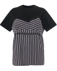 Sacai - Cotton Poplin T-shirt In Black/stripe - Lyst