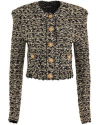 Balmain - Collarless 2 Pockets Tweed Cropped Jacket, Long Sleeves, /, 100% Cotton - Lyst