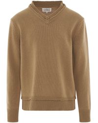 Maison Margiela - Elbow Patch V-Neck Knit Sweater, Long Sleeves, , 100% Cotton, Size: Large - Lyst