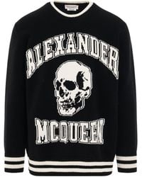Alexander McQueen - Varsity Logo Jacquard Knit Sweater In Black/ivory - Lyst