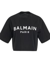 Balmain - Cropped Print Logo Eco T-Shirt, Round Neck, Short Sleeves, 100% Cotton - Lyst