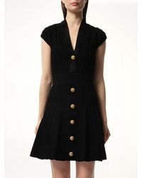 Balmain - Button V-Neck Velvet Flare Short Dress - Lyst