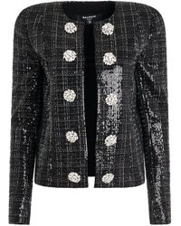 Balmain - Jewellery Button Collarless Tweed Jacket, Round Neck, Long Sleeves, , 100% Polyester - Lyst
