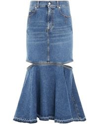 McQueen - Slashed Midi Denim Skirt, 100% Cotton - Lyst