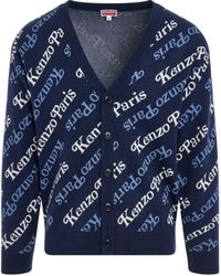 KENZO - By Verdy All-Over Logo Cardigan, Long Sleeves, Midnight, 100% Cotton - Lyst