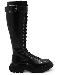 McQueen - Tread Knee High Lace Up Boots, 100% Calfskin Leather - Lyst