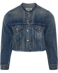 Maison Margiela - Cropped Collarless Denim Jacket, Round Neck, Long Sleeves, , 100% Cotton - Lyst