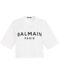 Balmain - 'Logo Print Cropped T-Shirt, Round Neck, Short Sleeves, , 100% Cotton, Size: Small - Lyst