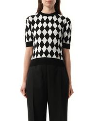 Balmain - Short Sleeve Diamond Intarsia Knit Top, 100% Cotton - Lyst