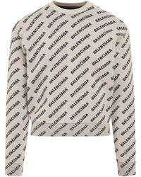 Balenciaga - All Over Logo Crewneck Sweater, Chalky/, 100% Cotton - Lyst