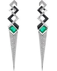 Nikos Koulis V Emerald Diamond And Black Enamel Earrings - Multicolor