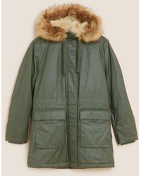 Marks & Spencer Waxed Faux Fur Lined Parka Coat - Green