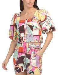 Marshalls - Cotton Kaitlin Bubble Sleeve Faux Button Down Printed Top For - Lyst