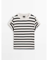 MASSIMO DUTTI - Striped Ribbed T-Shirt With Buttoned Shoulder Detail - Lyst