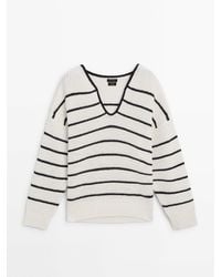MASSIMO DUTTI - Striped Purl-Knit V-Neck Sweater - Lyst