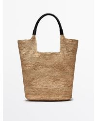 MASSIMO DUTTI - Raffia Tote Bag With Leather Strap - Lyst
