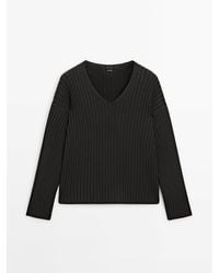 MASSIMO DUTTI - Ribbed Knit Cotton V-Neck Sweater - Lyst