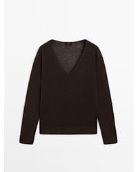 MASSIMO DUTTI - 100% Linnen Gebreide Trui Met V-Hals - Lyst