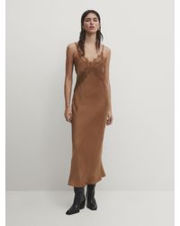 MASSIMO DUTTI - Satiniertes Kleid In Lingerie-Optik Mit Spitze - Studio - Braun - Xs - Lyst
