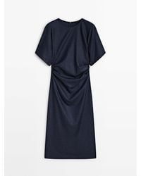 MASSIMO DUTTI - Wool Blend Midi Dress With Gathered Detail - Lyst