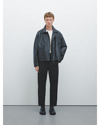 Massimo dutti navy leather jacket online
