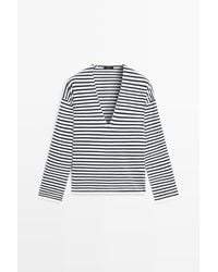 MASSIMO DUTTI - Gestreepte Tricot Trui Met V-Hals - Lyst