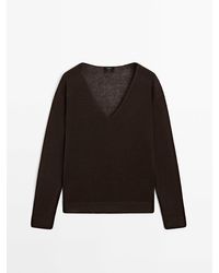 MASSIMO DUTTI - 100% Linnen Gebreide Trui Met V-Hals - Lyst