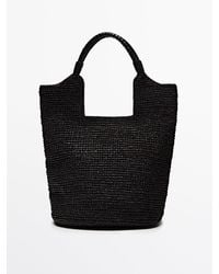 MASSIMO DUTTI - Raffia Tote Bag With Leather Strap - Lyst