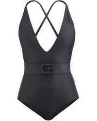 Gucci GG-plaque Belted V-neck Jersey Swimsuit - Black