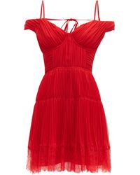 Self-Portrait Off-the-shoulder Pleated Chiffon Mini Dress - Red