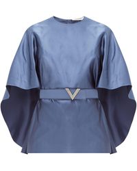 Valentino Haut en satin de soie ceinturé à manches cape - Bleu
