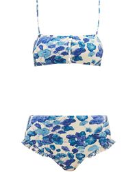 Adriana Degreas Hot Pants Ruffled Mesh-trimmed Floral-print Bikini - Blue