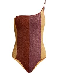 Oséree Lumière One-shoulder Striped Metallic Swimsuit - Red