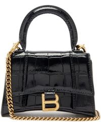 Balenciaga Hourglass Mini B-logo Crocodile-effect Leather Bag - Black