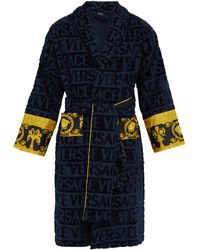 Versace Print Panelled Logo Jacquard Cotton Bathrobe - Blue
