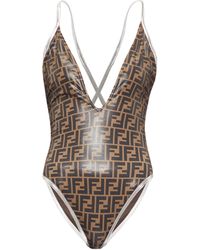Fendi Maillot de bain à col en V et logo FF - Marron