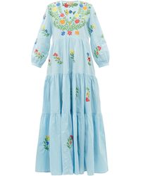 Muzungu Sisters Frangipani Tiered Embroidered Cotton Maxi Dress - Blue