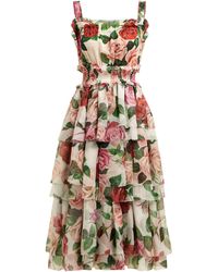 Dolce & Gabbana Rose-print Tiered Silk-chiffon Midi Dress - Multicolour