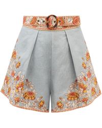 Zimmermann Andie Belted Floral-print Linen Shorts - Blue
