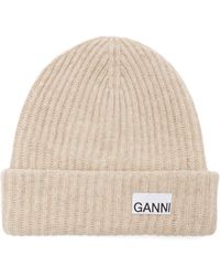 Ganni Ribbed Recycled Wool-blend Beanie - Natural