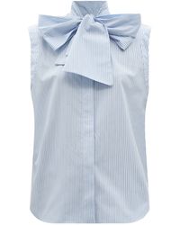 Another Tomorrow Pussy-bow Striped Organic-cotton Poplin Top - Blue