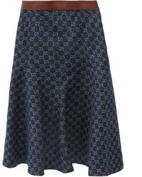 Gucci GG-jacquard Leather-trim Denim Skirt - Blue