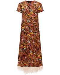 La DoubleJ Swing Feather-trim Floral Silk-twill Maxi Dress - Multicolour