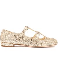 Miu Miu Glittered Mary-jane Leather Flats - Metallic