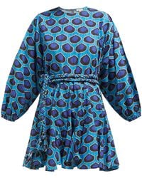 RHODE Ella Ikat-print Flared Cotton-poplin Dress - Blue