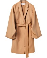 Loewe Gathered-sleeve Belted Wool-blend Wrap Coat - Brown